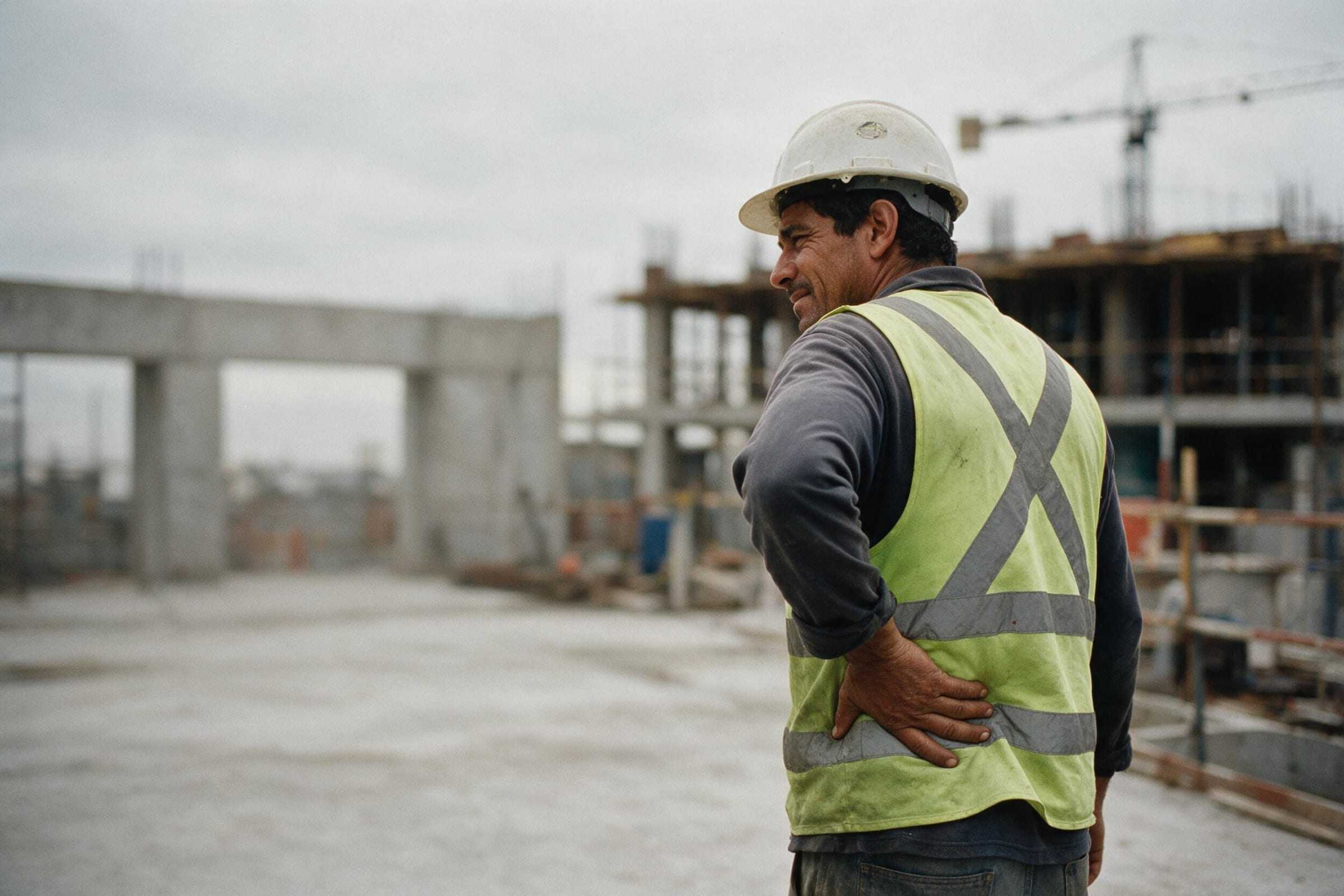 Trabajador de la construcción con casco y chaleco reflectante, sosteniéndose la zona lumbar con gesto de dolor