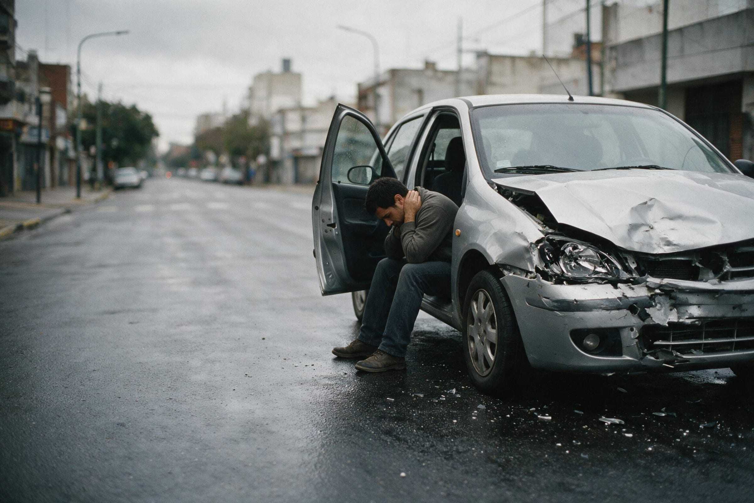 Conductor sentado en la puerta de su auto destruido tras un choque, con la cabeza entre las manos